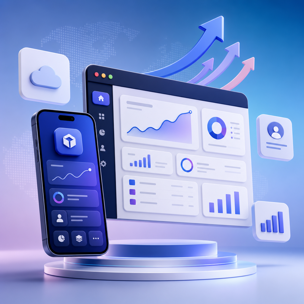 Premium 3D illustration of a smartphone and web dashboard floating with charts and interface cards